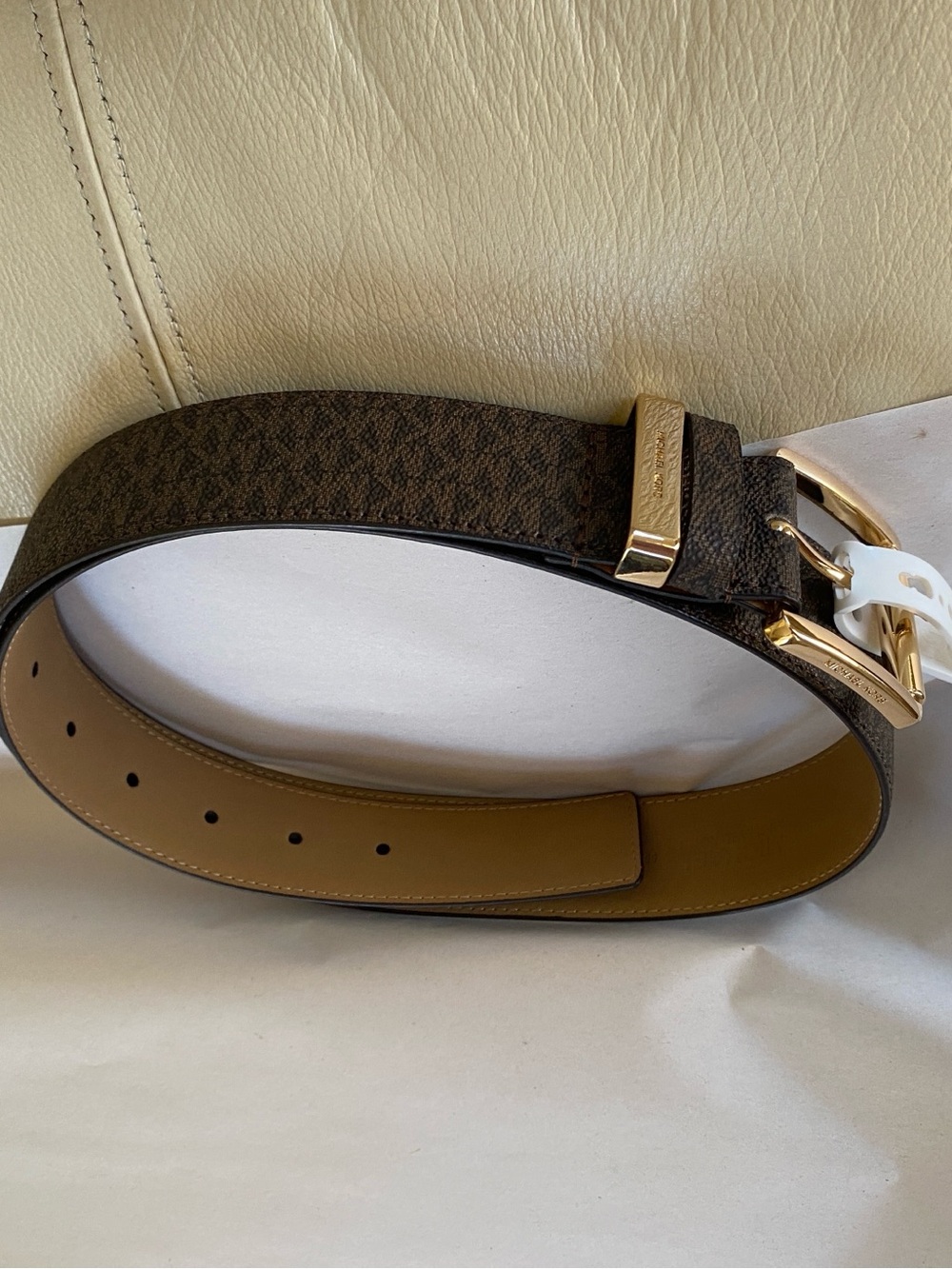 Michael Kors Brown Logo Belt with Tan Interior and Gold Buckle